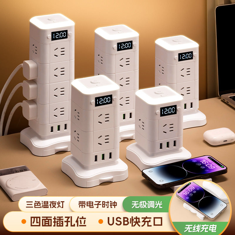 Vertical socket multi-function tower usb plug strip rubik's cube office dormitory for home power strip with clock display