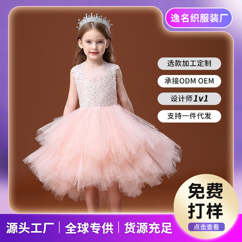 Girls' formal dress new arrival: customizable tulle tutu princess dress - pink floral print cake skirt, european & american style vest dress