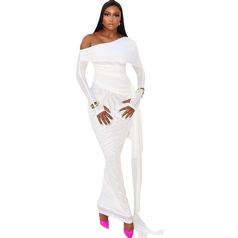 Amazon cross-border fashion: new autumn collection - elegant solid color one-shoulder long sleeve ribbon tie slim-fit mesh dress (europe & america)