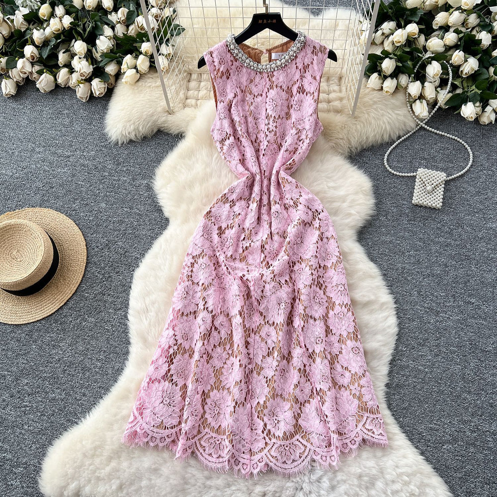 Elegant women's dress  summer french chic luxury handcrafted rhinestone embellished round neck sleeveless cinched waist lace maxi dress