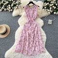 Elegant women's dress  summer french chic luxury handcrafted rhinestone embellished round neck sleeveless cinched waist lace maxi dress
