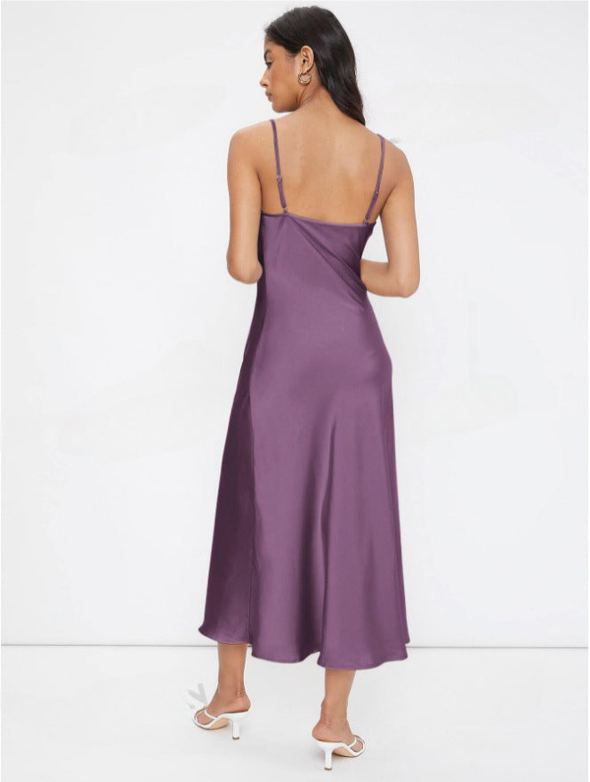 women's fashion: european and american  spring/summer new collection - satin cami dress with deep v-neck, slim fit, and solid color