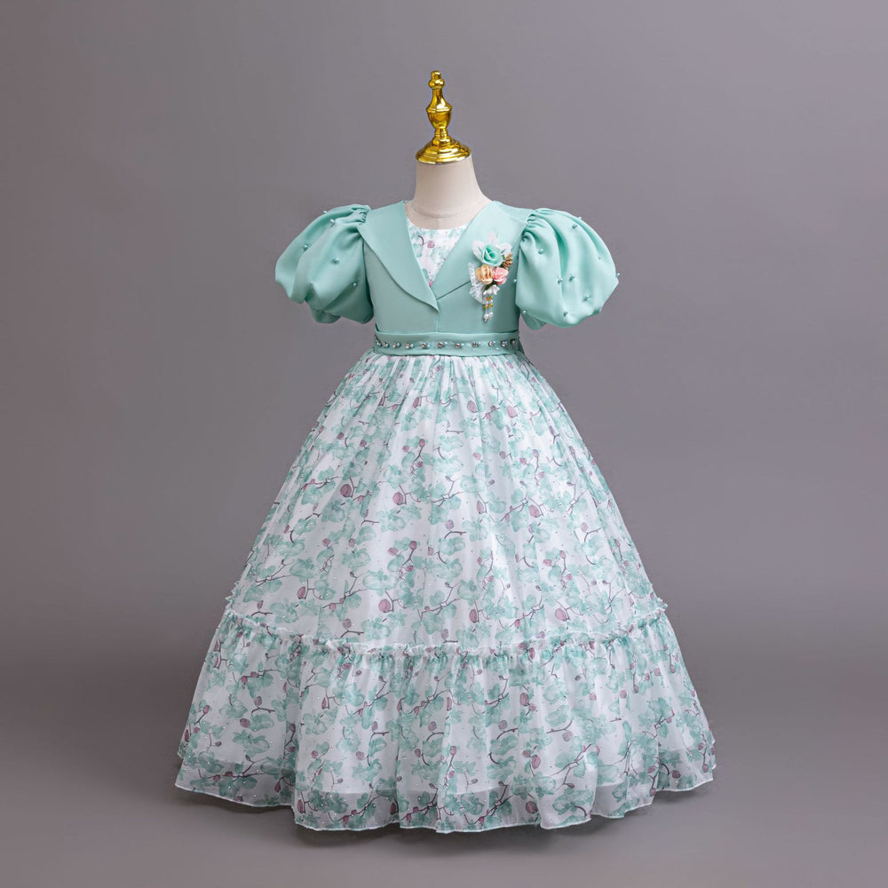 New wholesale children's dress, puff sleeve chiffon floral princess dress, girls' birthday dress, kids dress