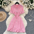 French retro polo collar short sleeve metallic button waist slimming knitted dress - women's summer chic & age-defying mini dress