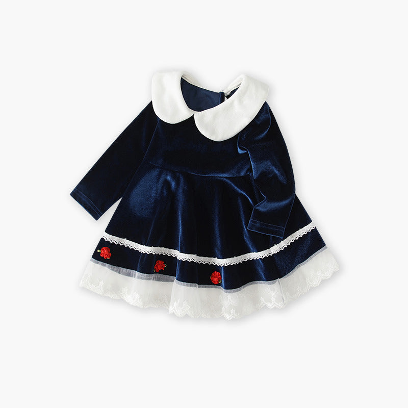 Baby girl dress autumn winter new girls' navy style peter pan collar embroidered princess dress first birthday party dress