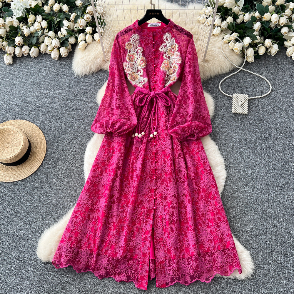 French retro heavy beaded sequin embroidered tie-waist lantern sleeve dress - women's autumn elegant maxi dress