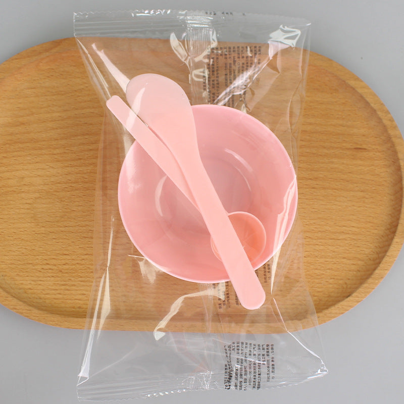 Individually packaged beauty mask bowl set - 3-piece spa tool kit: plastic bowl, mixing spatula, and measuring spoon with graduated markings