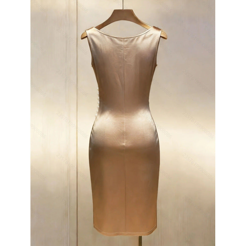 European and american cross-border women's summer new french elegant fashion satin sleeveless slim-fit midi dress
