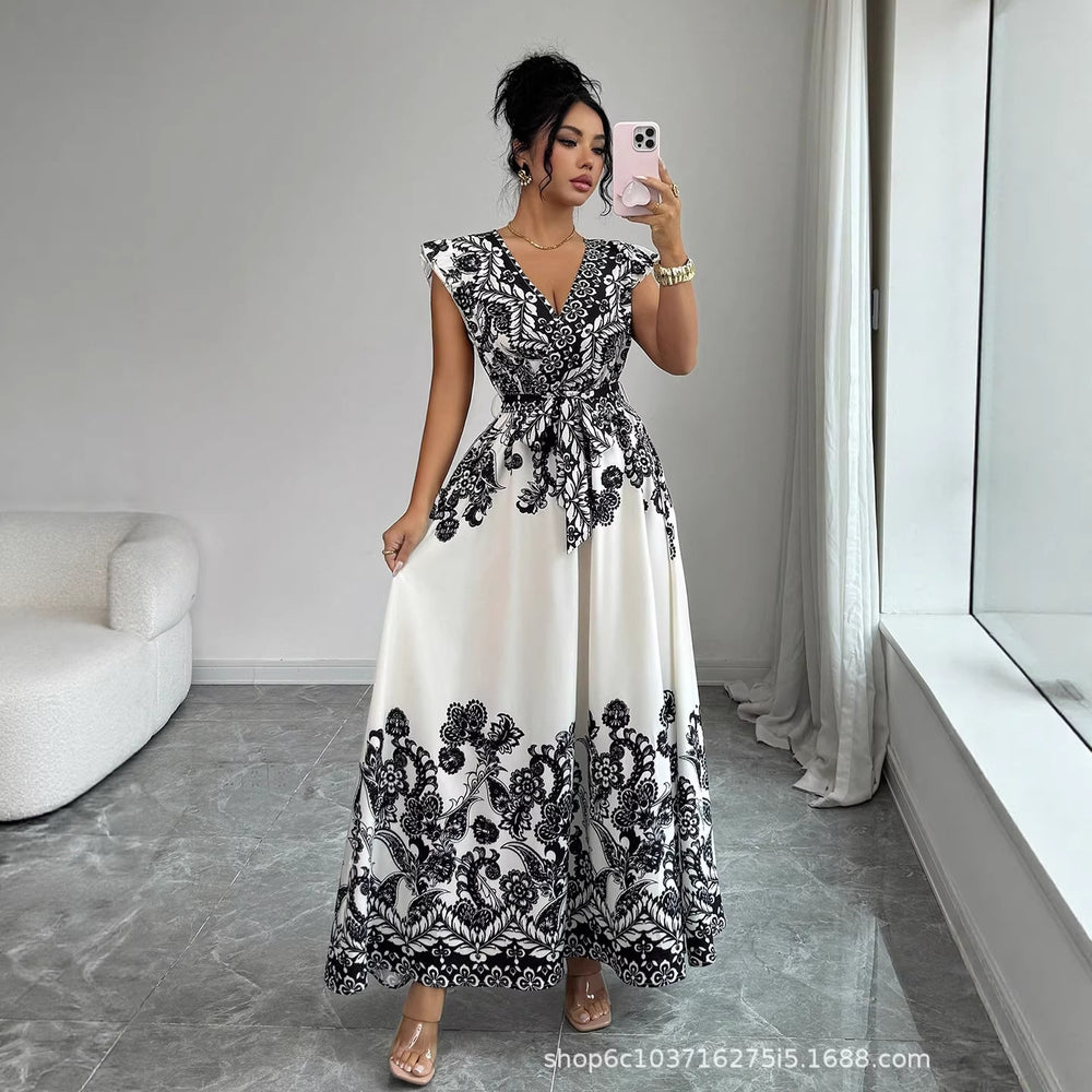 European and american cross-border  summer new arrival: vintage-inspired elegant printed flutter sleeve maxi dress