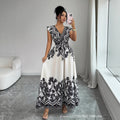European and american cross-border  summer new arrival: vintage-inspired elegant printed flutter sleeve maxi dress