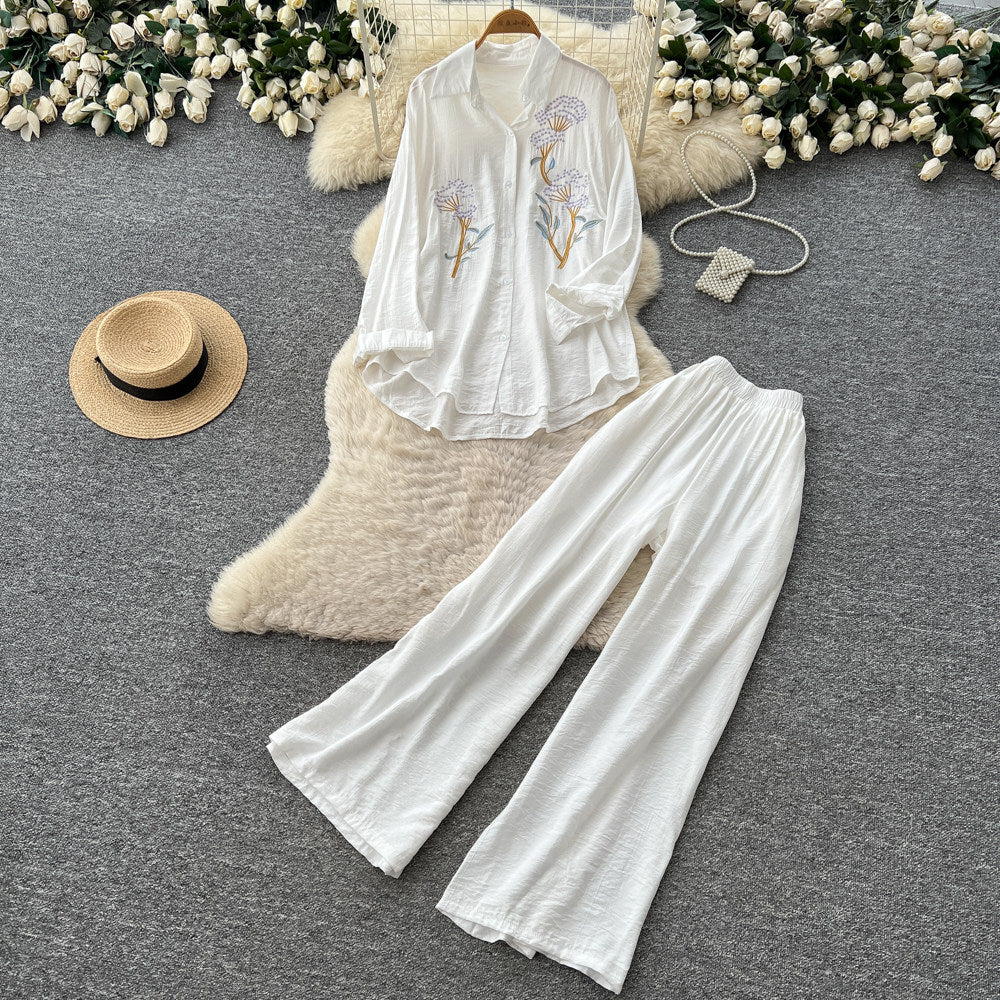 export lazy style embroidered long-sleeve shirt and wide-leg pants two-piece set - women's spring/autumn commute chic fashion outfit