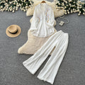 export lazy style embroidered long-sleeve shirt and wide-leg pants two-piece set - women's spring/autumn commute chic fashion outfit
