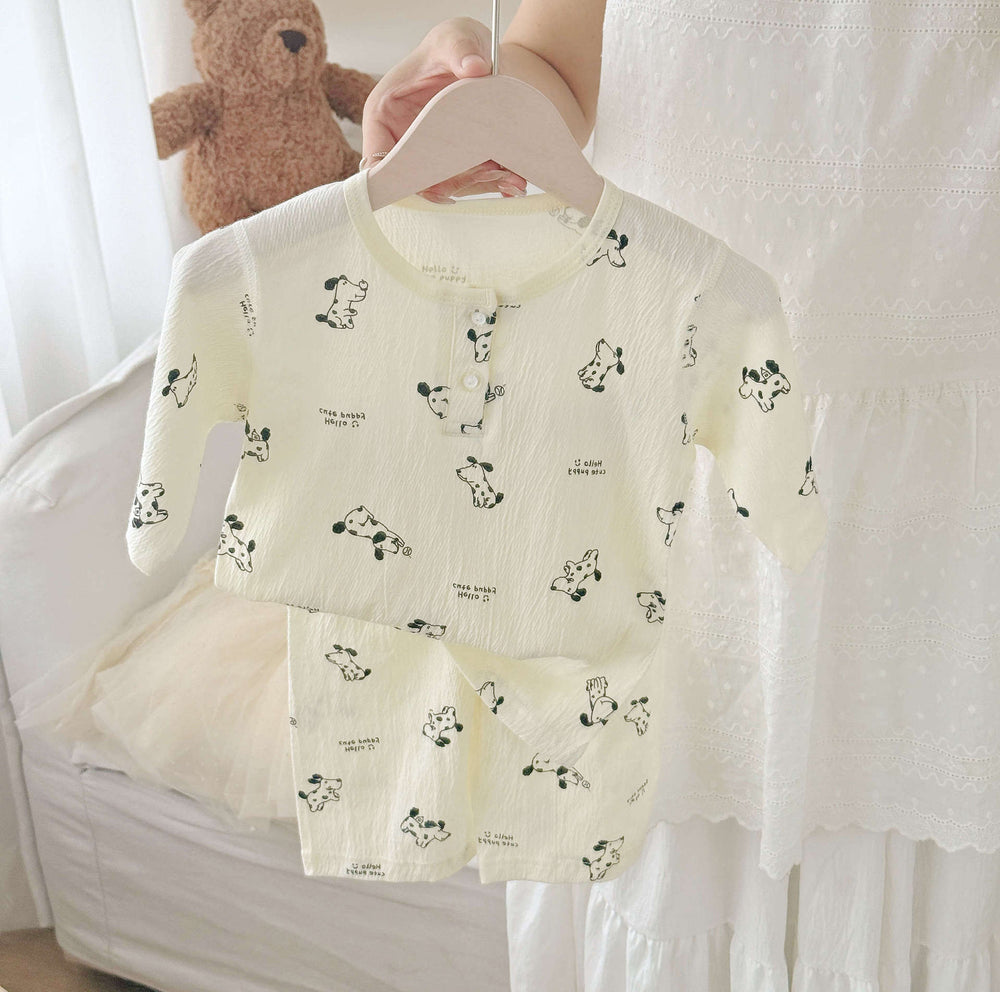 Summer lightweight crinkle cotton baby pure cotton air conditioning suit separates pajamas boys girls three-quarter sleeve loungewear