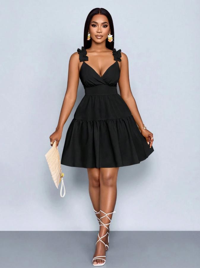 European and american cross-border   summer new arrival: elegant v-neck, designer elastic waist, solid color slip dress