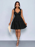 European and american cross-border   summer new arrival: elegant v-neck, designer elastic waist, solid color slip dress