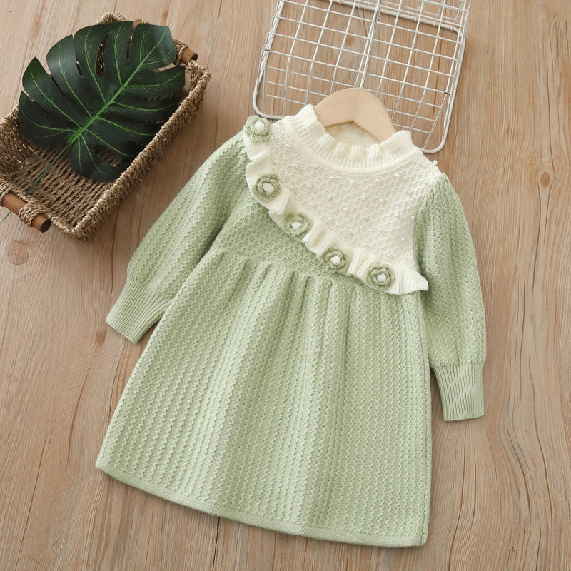 Girls' knitted sweater dress - new autumn/winter  collection - handmade floral detail, sweet winter base layer dress