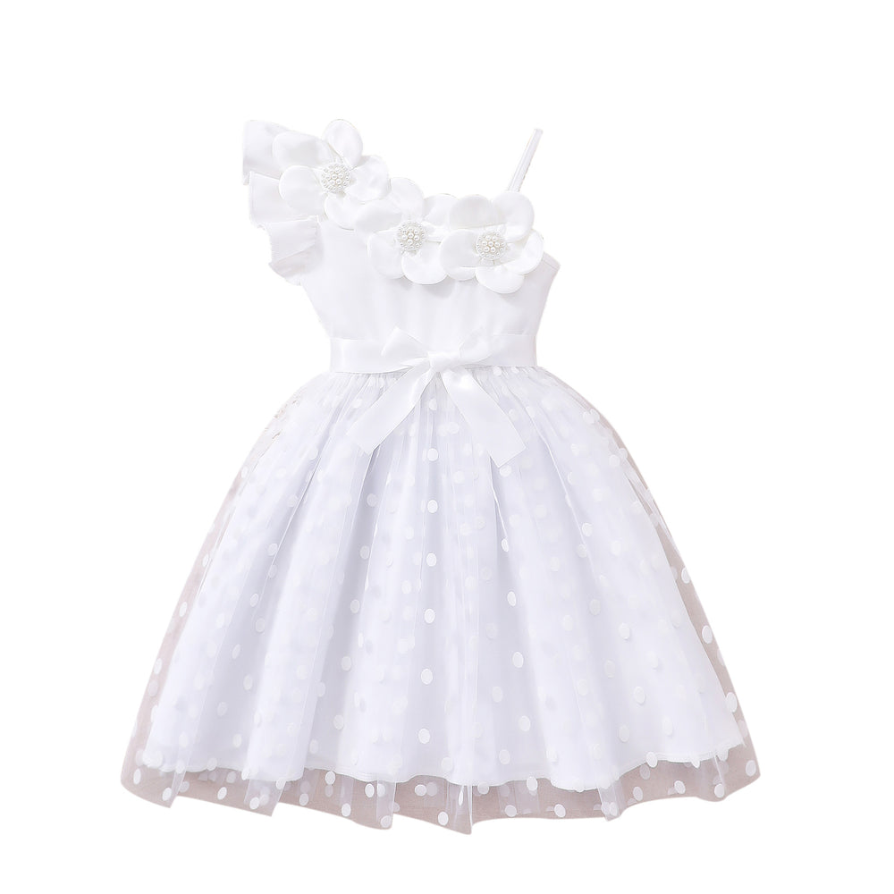Girls' dress for toddlers and young children, 3d floral appliqué polka dot mesh dress