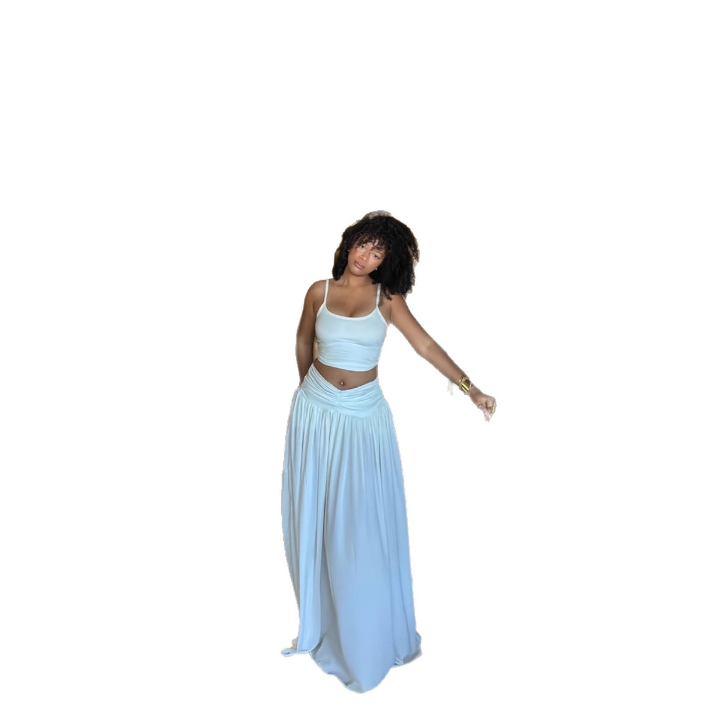 European and american cross-border women's fashion:  winter new arrival - solid color sleeveless camisole with cinched waist pleated midi skirt two-piece set