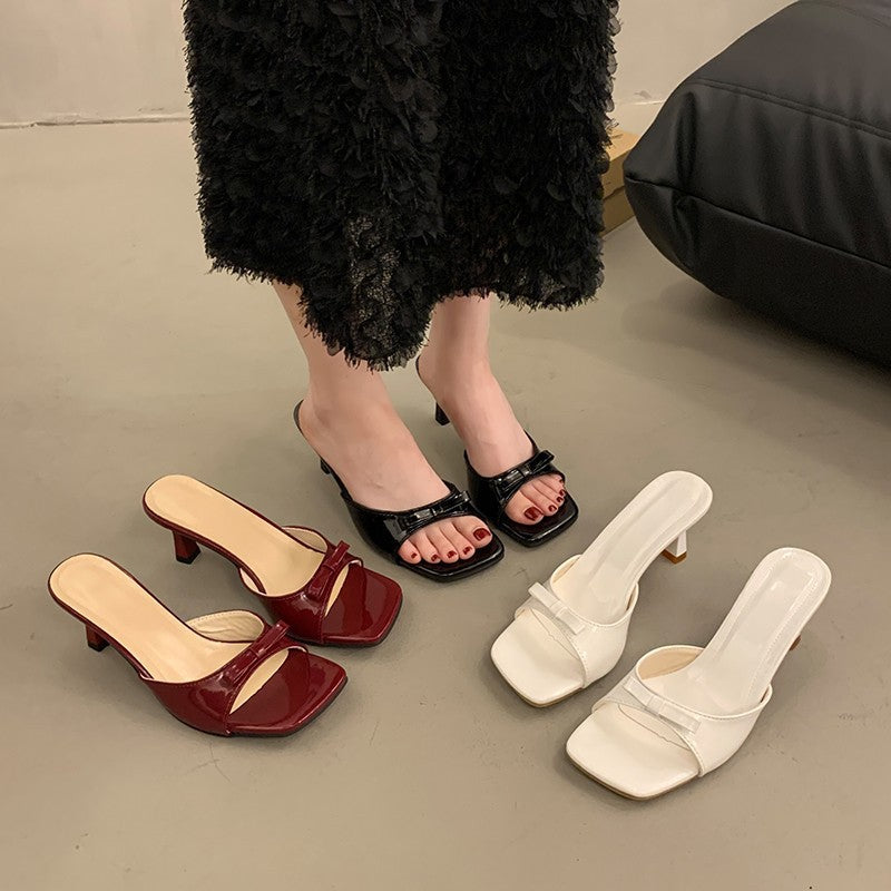 French high-heeled slippers: new 2024 women's summer outdoor square-toe stiletto thong sandals with bow detail - versatile and chic