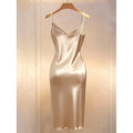 Women's summer new arrival: elegant solid color criss-cross neck pearl-embellished slit midi slip dress with buttoned waist