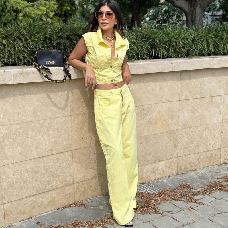 Cross-border European and American new sleeveless lapel cardigan shirt trousers set women's  women's clothing casual foreign style two-piece set