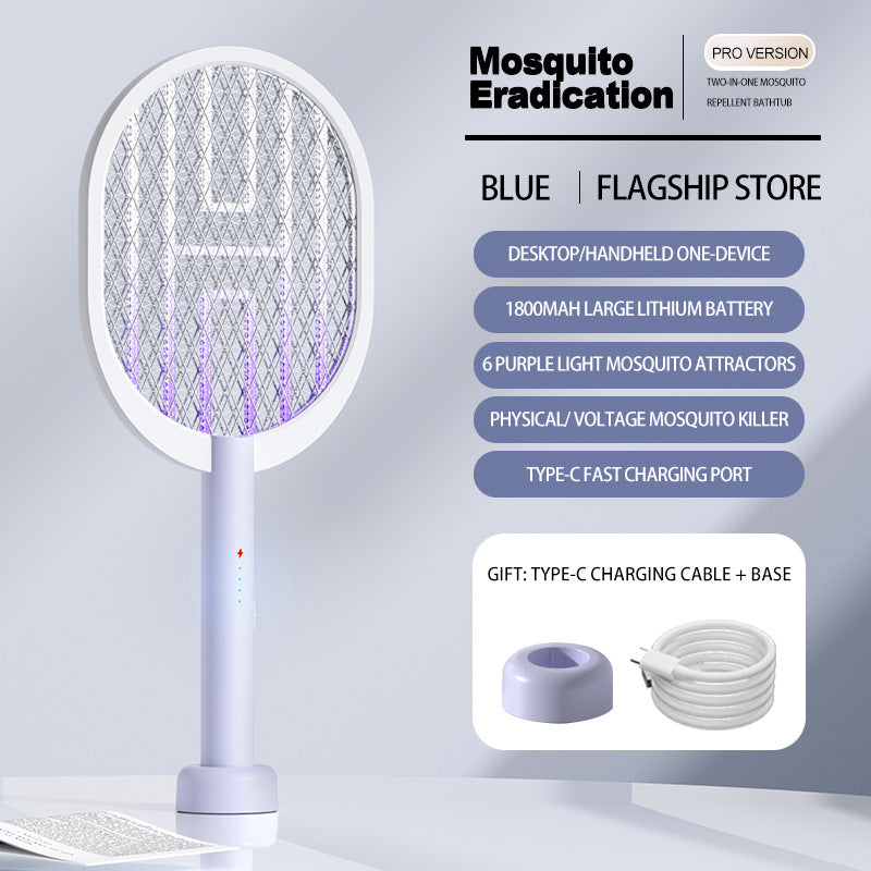 electric mosquito swatter and mosquito killer lamp two-in-one usb rechargeable 1800mah lithium battery outdoor mosquito swatter with bottom base wholesale