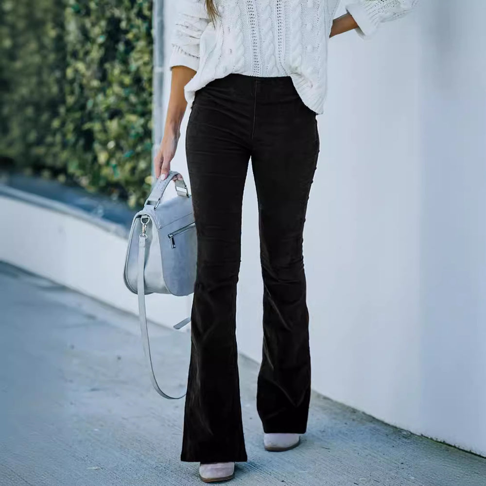 2025 spring/summer women's solid color high-waisted slim-fit cropped flare pants corduroy elastic waist casual trousers