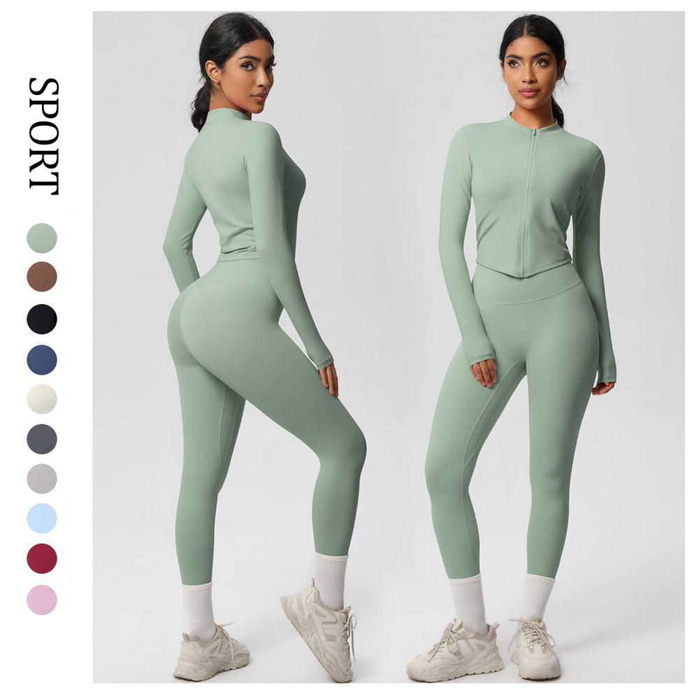 European and american quick-dry seamless zip-up workout set: high-waisted, butt-lifting yoga pants for women, perfect for outdoor running and fitness