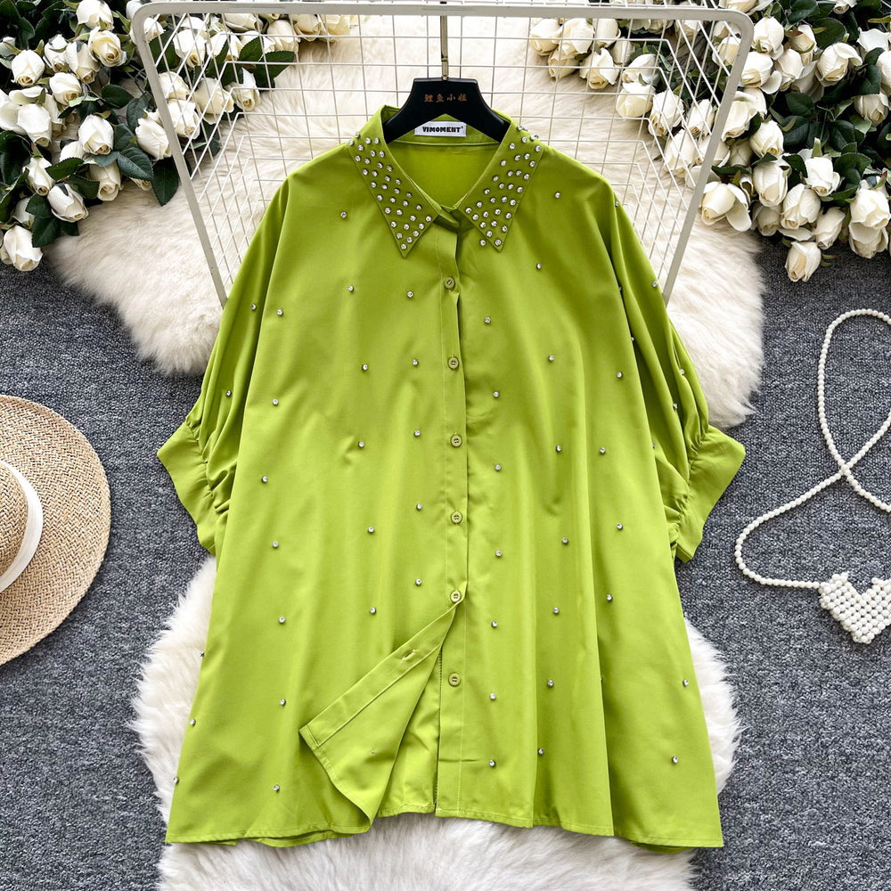 European fashionable tops for women design sense heavy industry inlaid diamond polo collar bat sleeve single breasted loosecasualshirt women