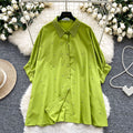 European fashionable tops for women design sense heavy industry inlaid diamond polo collar bat sleeve single breasted loosecasualshirt women