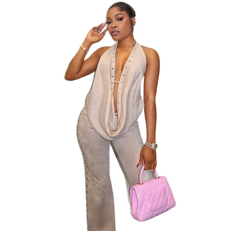 European and american cross-border women's fashion:  spring new arrivals - sexy halter neck open back top and flared leg pants set
