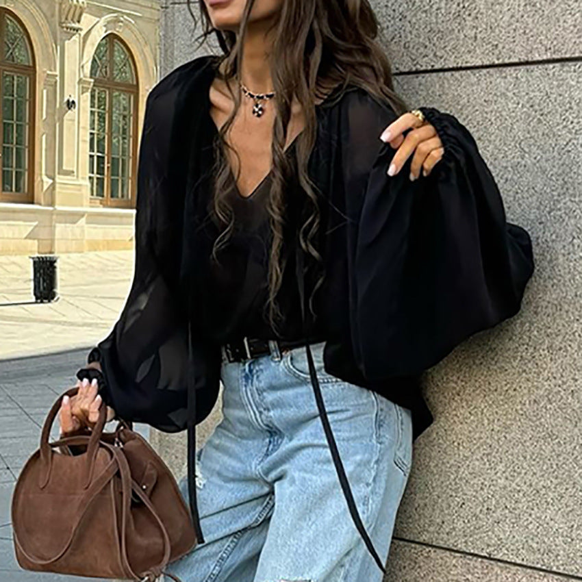 European and American black chiffon top women's clothing 2025 spring  commuting design sense pullover V-neck lantern sleeve shirt