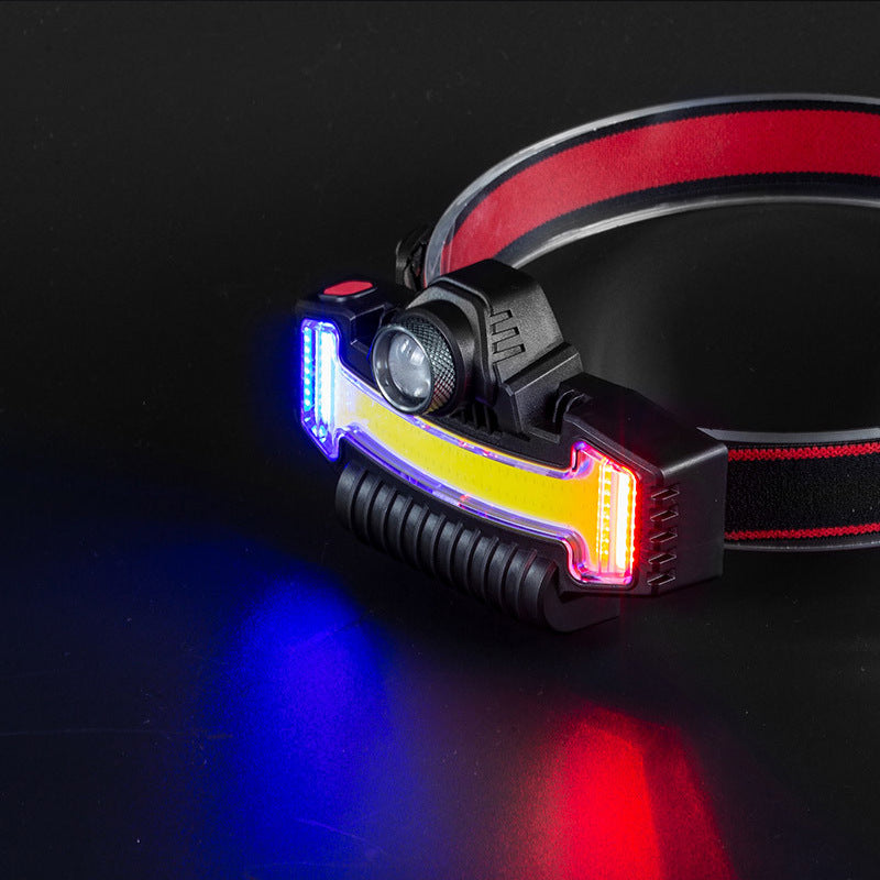 Cross-border new COB strong light headlight Type-C charging outdoor warning red and blue flash zoom LED headlight