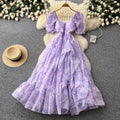 French fairy style puff sleeve floral dress women's summer korean style cinched waist ruffle hem vacation maxi dress - elegant