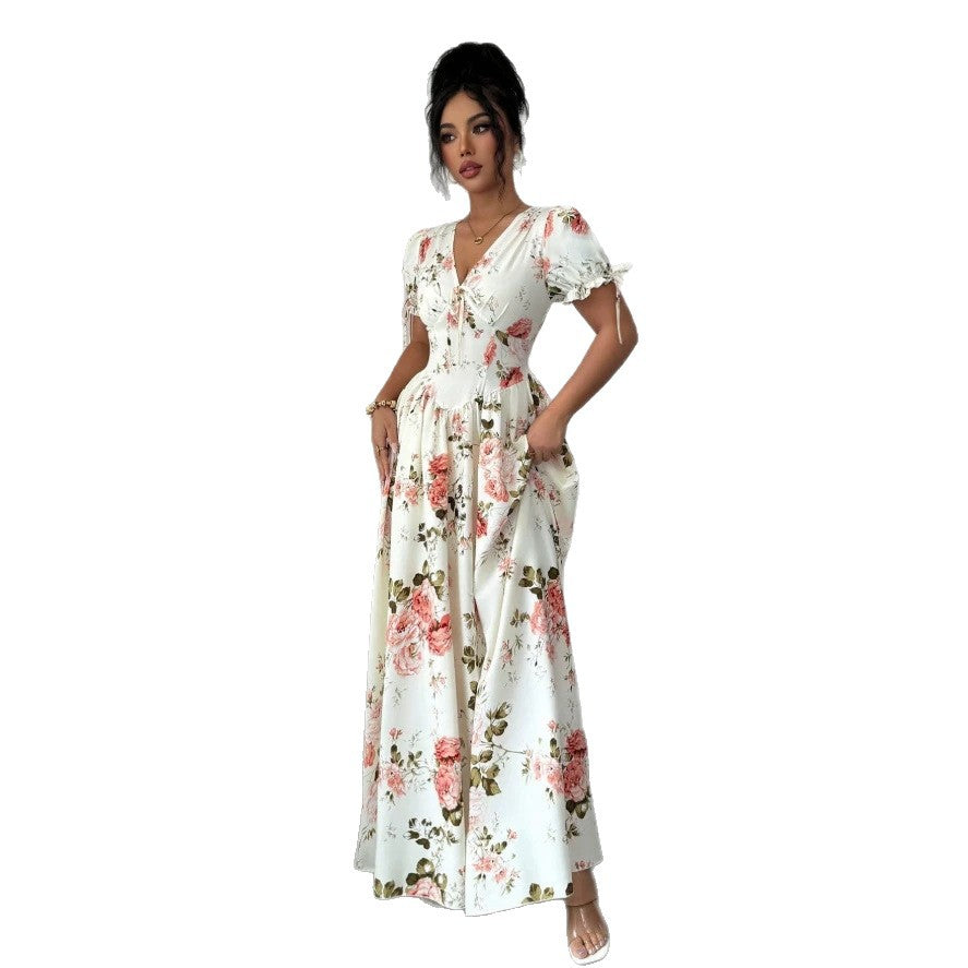 new cross-border floral dress - export quality, slim-fit, figure-flattering, vacation-ready maxi dress with botanical print