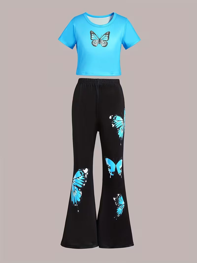 wholesale girls' flared pants set, a fashionable spring, summer, and autumn outfit for girls, featuring a short-sleeved top and long flared pants, perfect for going out