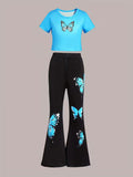 wholesale girls' flared pants set, a fashionable spring, summer, and autumn outfit for girls, featuring a short-sleeved top and long flared pants, perfect for going out