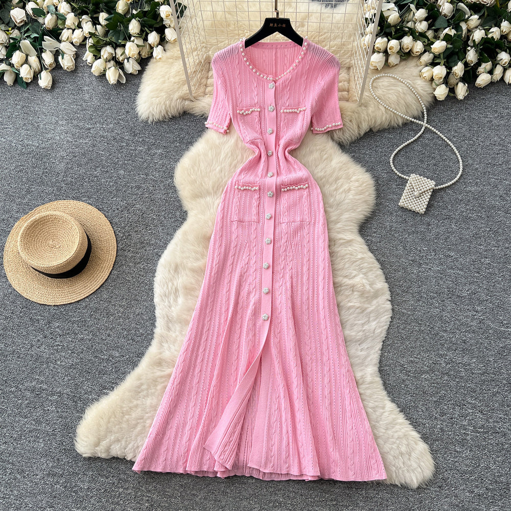 French chic single-breasted knit dress - women's summer short sleeve cutout slim fit elegant maxi dress