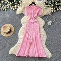 French chic single-breasted knit dress - women's summer short sleeve cutout slim fit elegant maxi dress