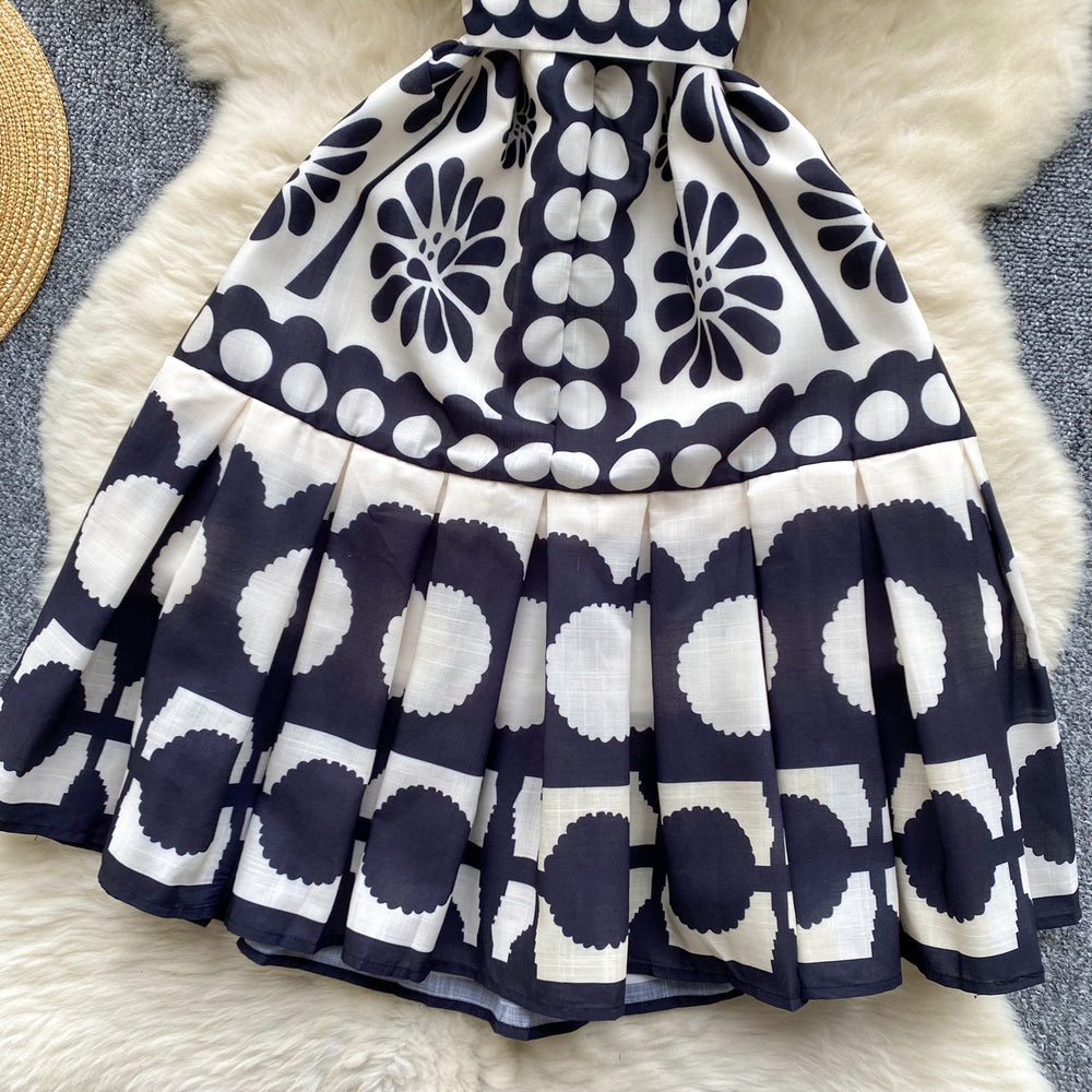 European and american style high-end printed bubble sleeve dress - women's summer tie-waist design, elegant petite midi dress
