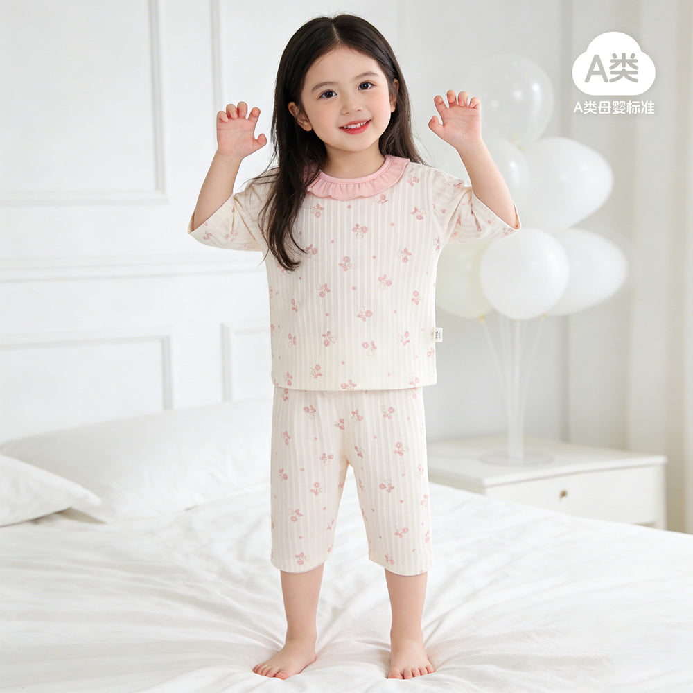 A-grade pure cotton summer lightweight pajamas, kids' loungewear, summer boys' and girls' three-quarter sleeve air conditioning suit, two-piece set