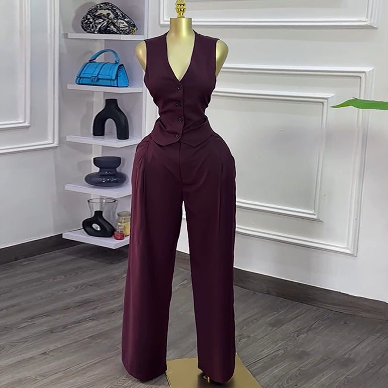 European and american cross-border women's fashion  autumn new arrival: high-end v-neck blazer vest top and wide-leg pants two-piece set