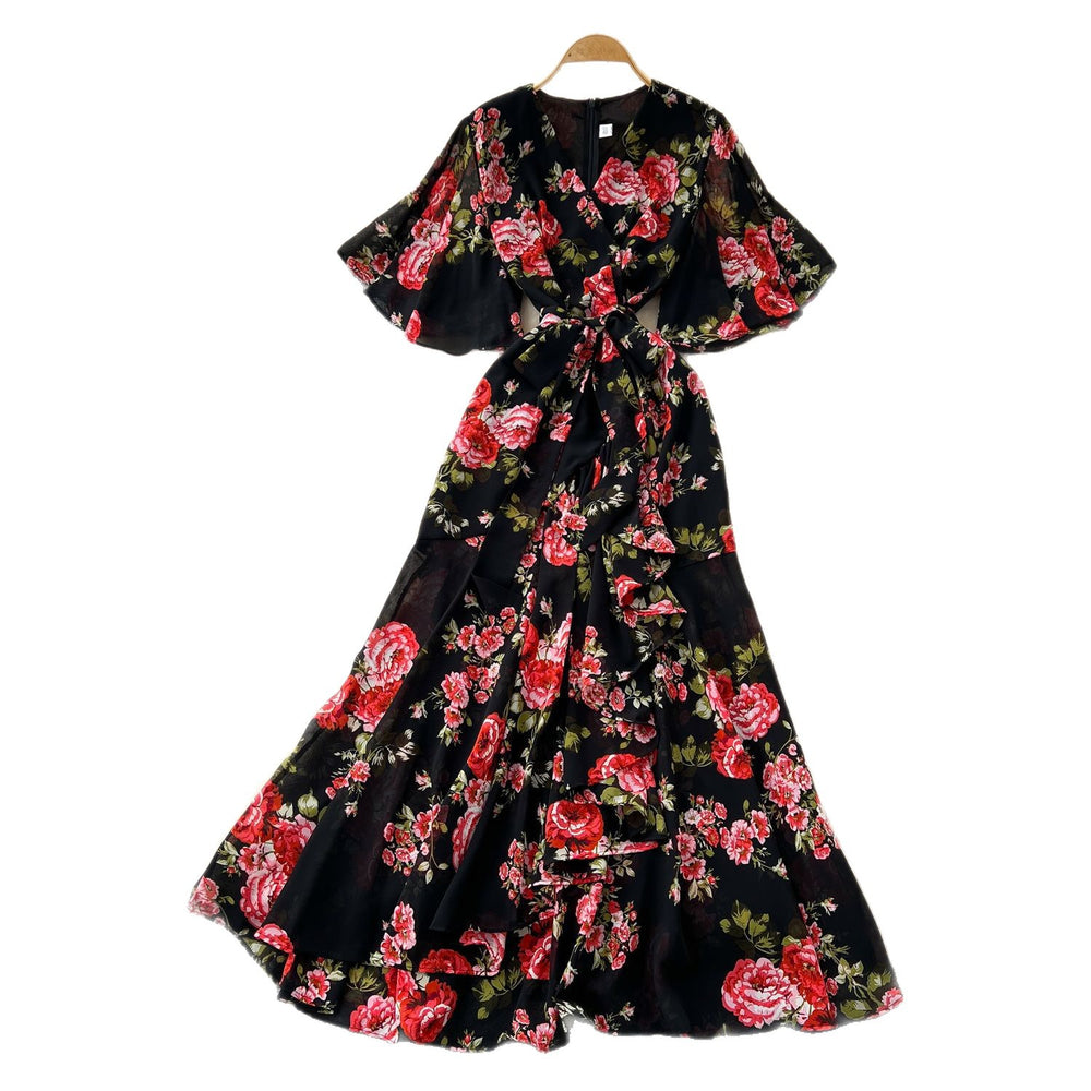 French chic high-end women's summer dress - elegant, figure-flattering, asymmetrical ruffle hem, floral chiffon maxi dress