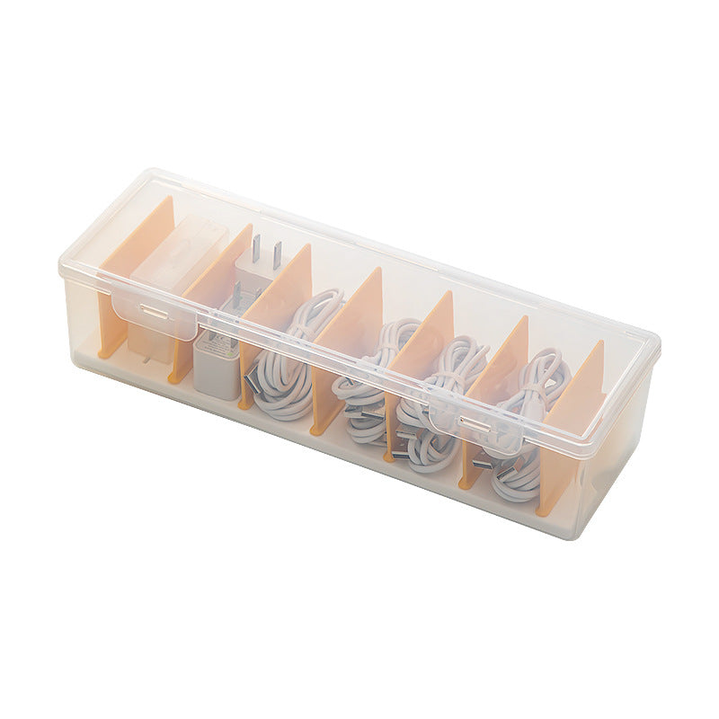 Desktop long rectangular storage box with lid grid transparent storage box flip plastic data cable storage box