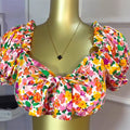 Ribbon bow floral french puff sleeve top and skirt set - new summer one-shoulder style