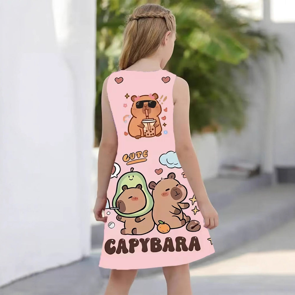 Trendy animal cute capybara print sleeveless summer dress - 100% polyester, machine washable