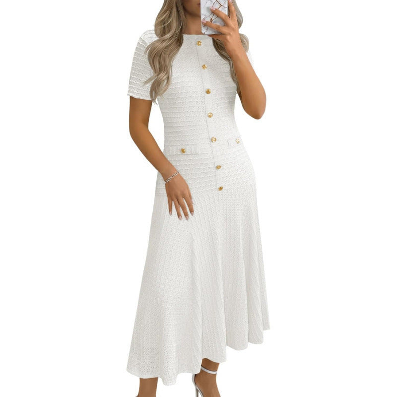 Amazon sweet & spicy  summer casual short-sleeve crew neck versatile button-up textured slim-fit midi dress