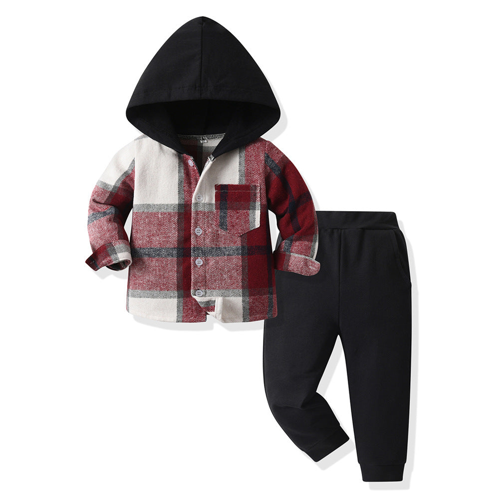 New arrival cross-border children's plaidshirtlong sleeves hoodie cotton boys spring suit boys spring children's clothing