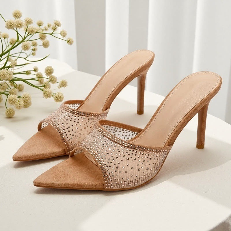 Rhinestone pointed-toe stiletto heel mules - women's sexy & fashionable outdoor sandals - european & american summer new arrivals - half slippers