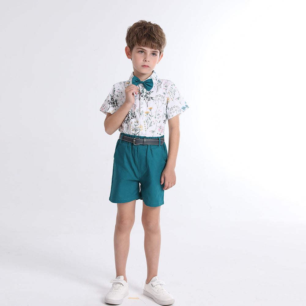 Boys' summer formal outfit set: printed short-sleeve shirt, perfect for little hosts, kindergarten performances, and special occasions